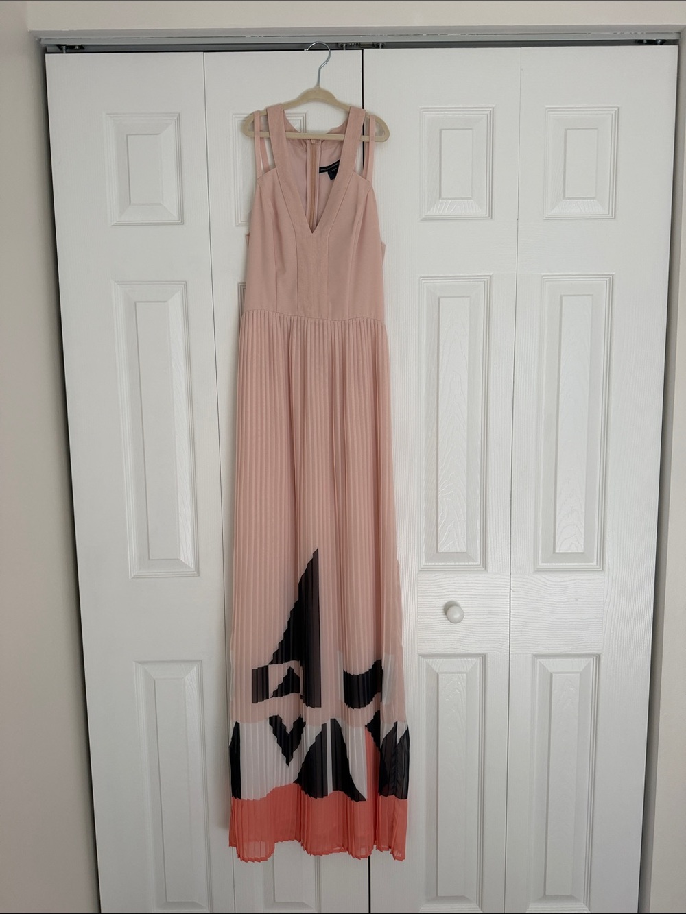 French Connection Blush Pink Pleated Maxi Dress with Graphic Hem
